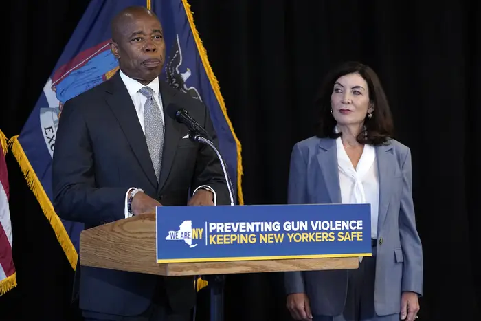 New York City Mayor Eric Adams speaks, joined by New York Governor Kathy Hochul and the newly appointed ATF Director Steve Dettelbah, at a press conference about their joint effort to combat gun violence at the High Intensity Drug Trafficking Areas (HIDTA) office on August 24, 2022 in New York City.